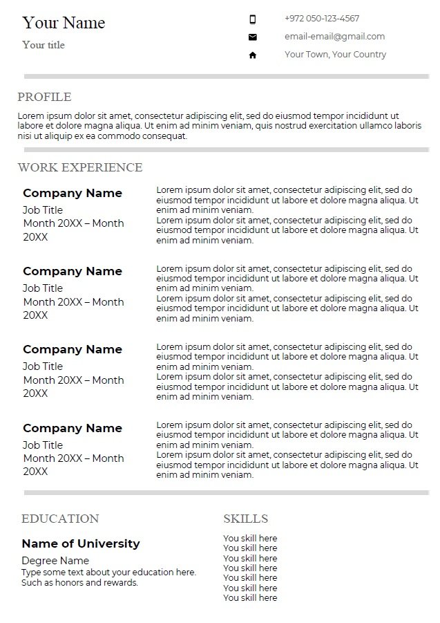 פורמט קורות חיים באנגלית רגיל גירסה 2